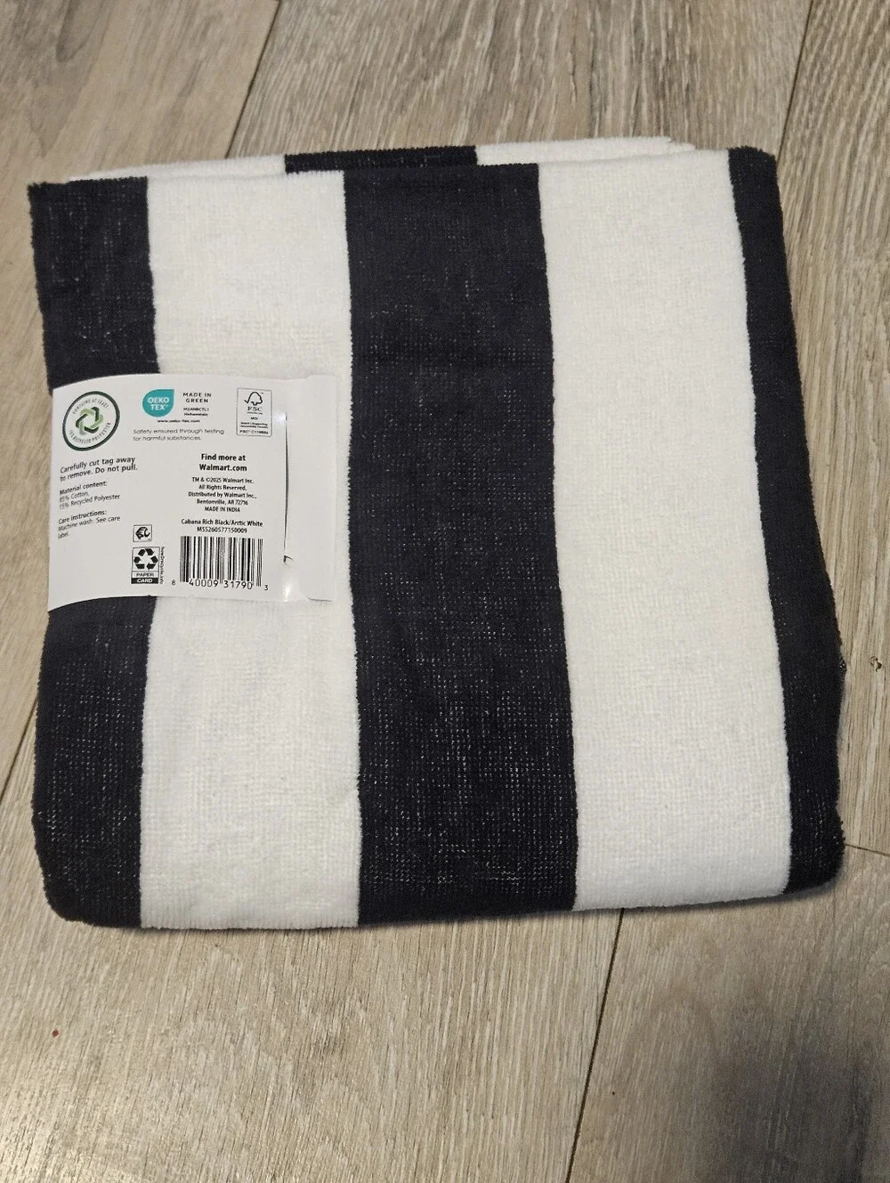 Lot of 4 NEW Mainstays Cabana Beach Towels 28x58 Black White Stripe Cotton Blend